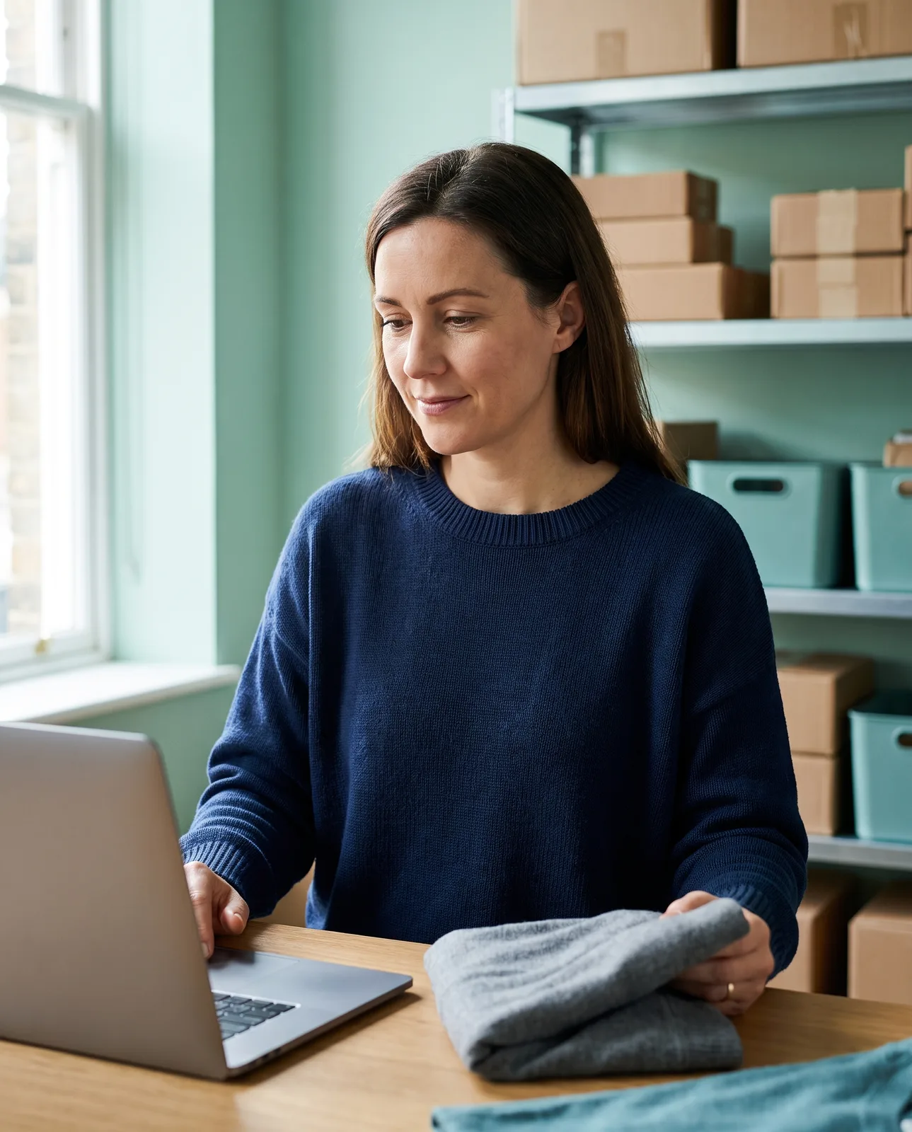 An operations manager reviewing a returned garment against a return request on her laptop