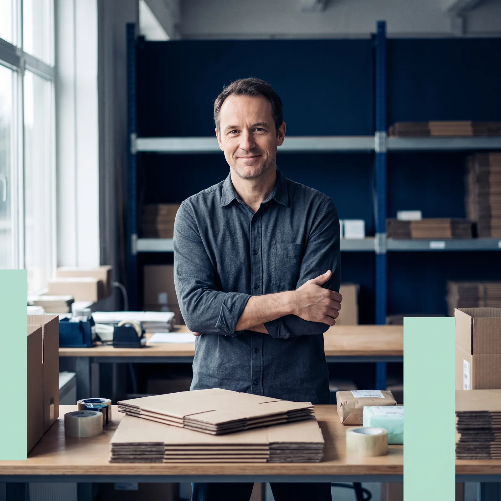 A store owner standing at a packing table in a small warehouse