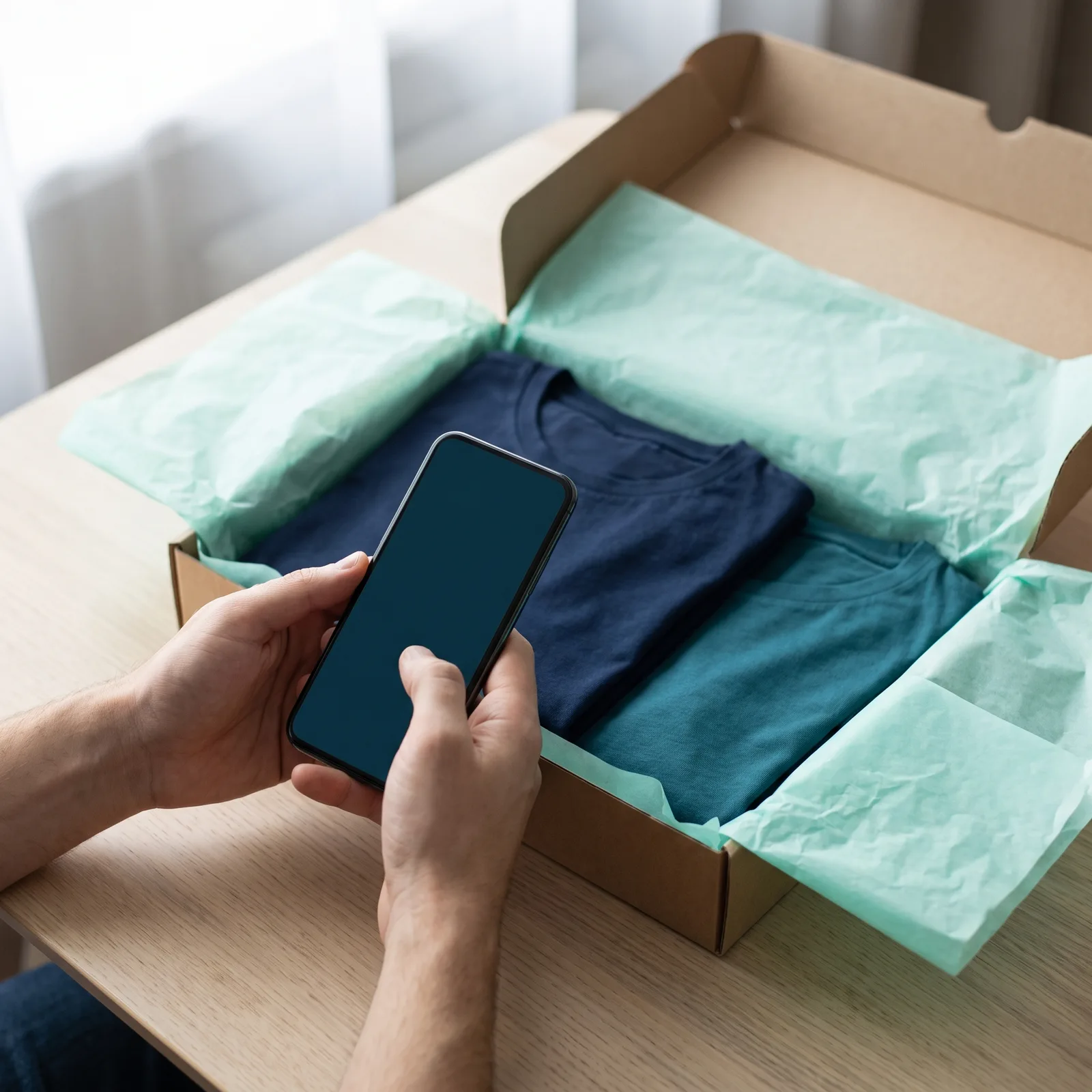 A shopper choosing a replacement size on a phone beside an opened parcel